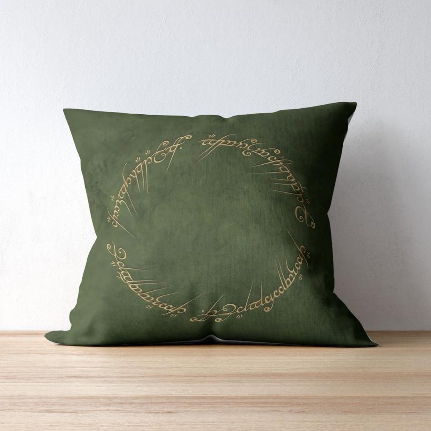 Green LOTR pillow cover with Elvish ring script design