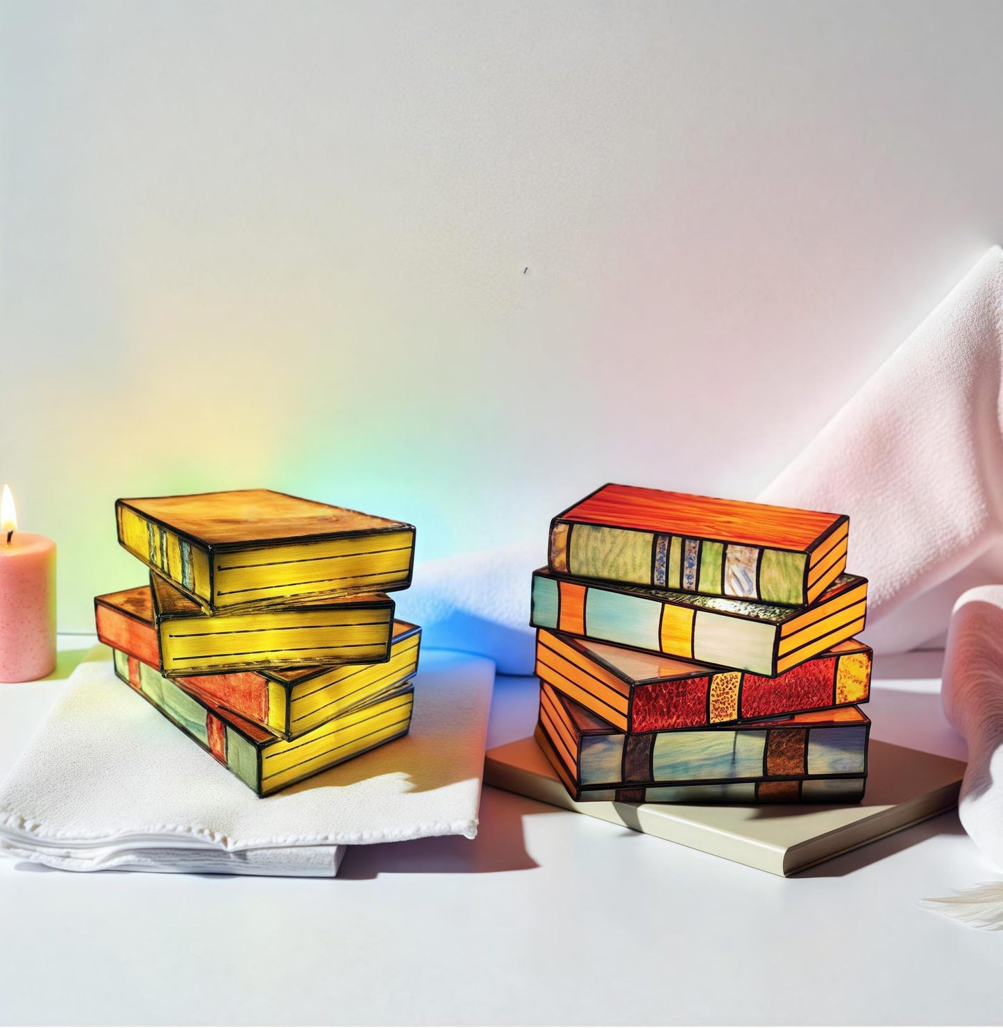 stained glass book lamp set glowing on nightstand for book lovers