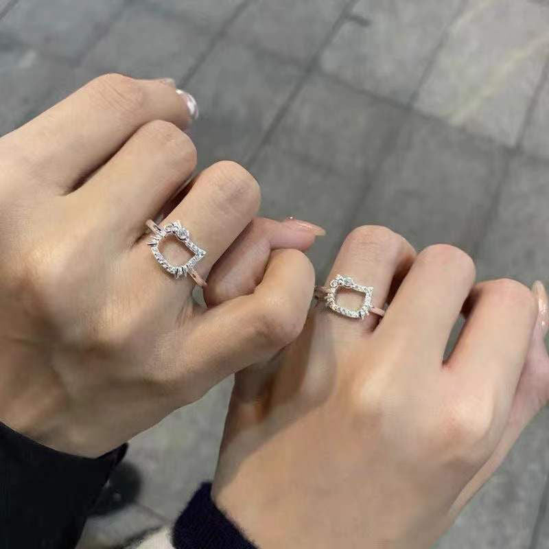 Y2K anime kitty adjustable white zircon cat ring for women
