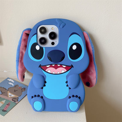 3D Stitch plush silicone phone case for iPhone with long ears and strap