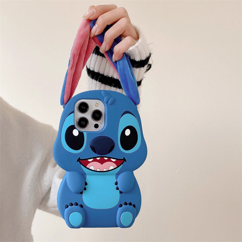 3D Stitch plush silicone phone case for iPhone with long ears and strap