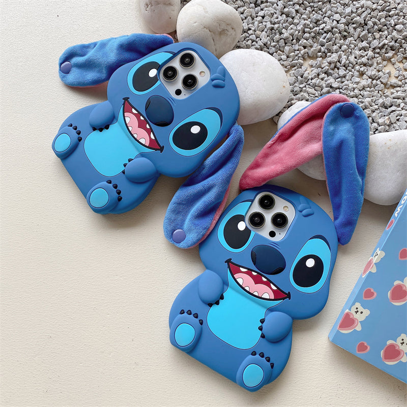 3D Stitch plush silicone phone case for iPhone with long ears and strap