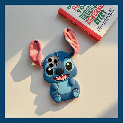 3D Stitch plush silicone phone case for iPhone with long ears and strap