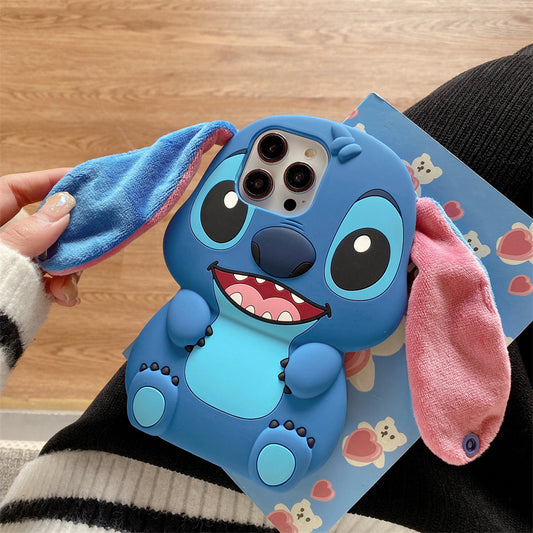 3D Stitch plush silicone phone case for iPhone with long ears and strap