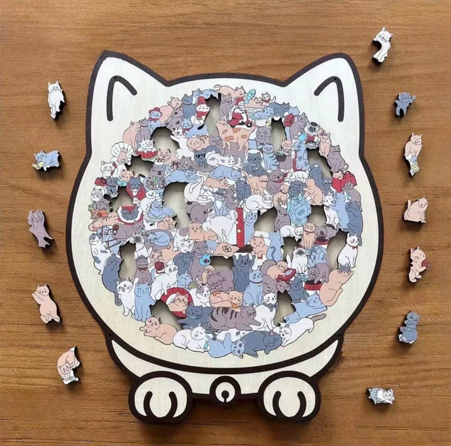 Cat shaped wooden jigsaw puzzle in Morandi colors with 135 pieces