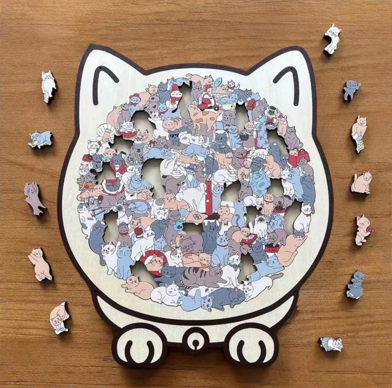 Cat shaped wooden jigsaw puzzle in Morandi colors with 135 pieces