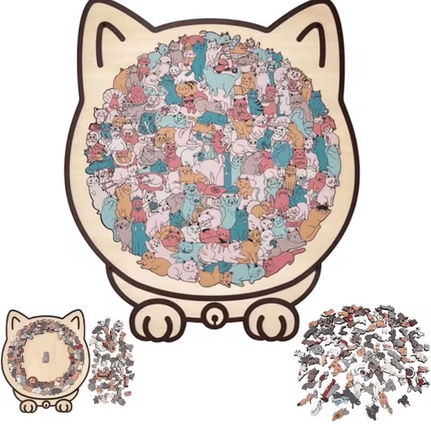 Cat shaped wooden jigsaw puzzle in Morandi colors with 135 pieces