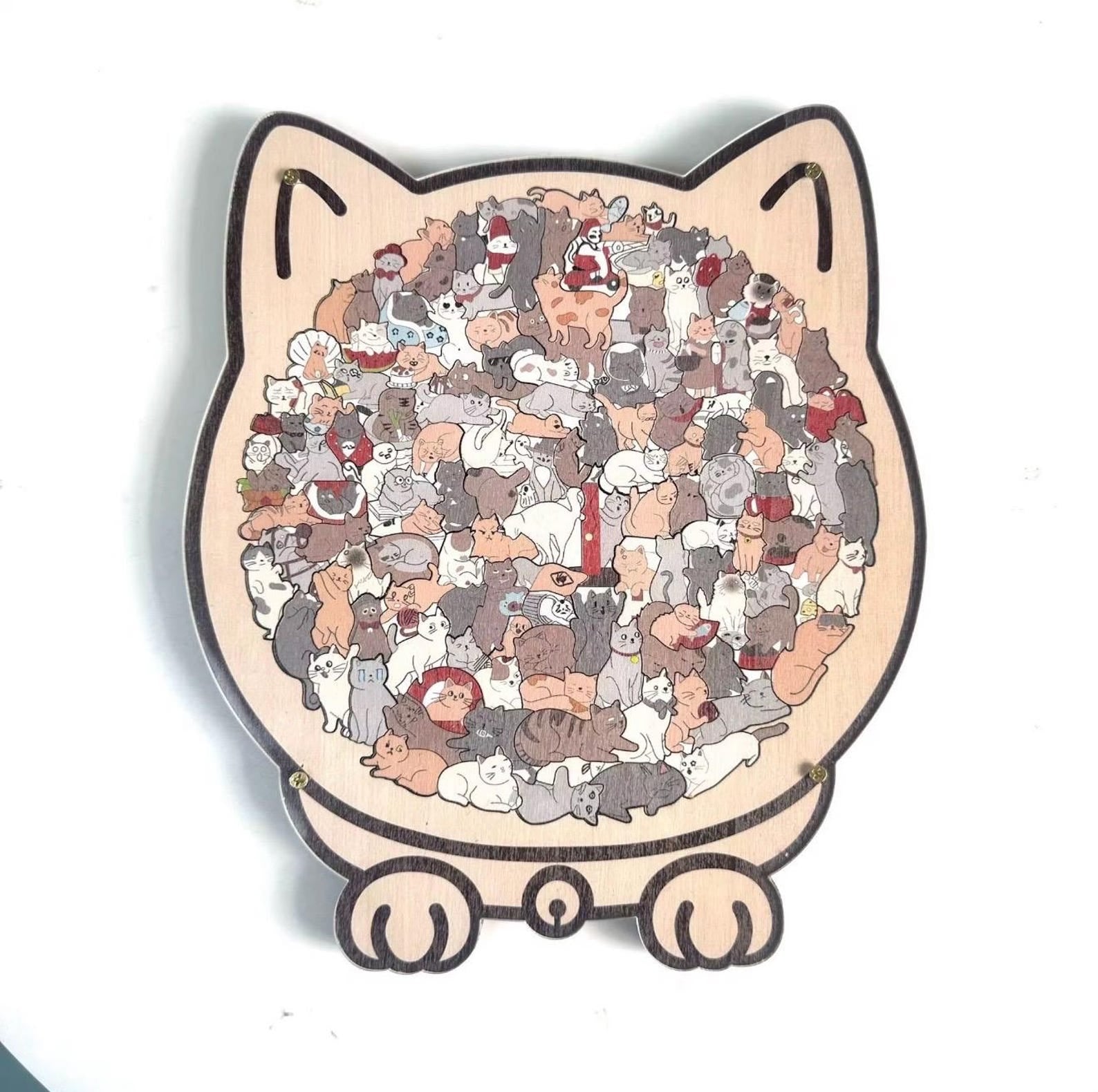 Cat shaped wooden jigsaw puzzle in Morandi colors with 135 pieces