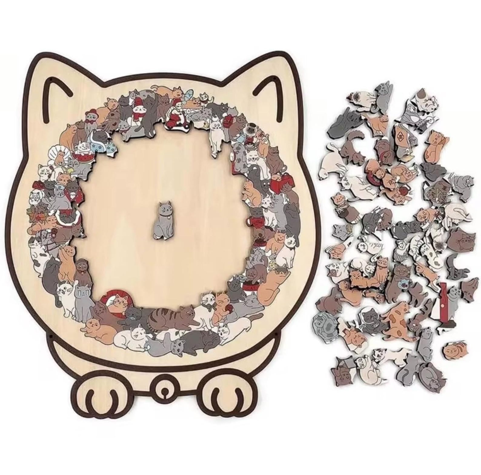 Cat shaped wooden jigsaw puzzle in Morandi colors with 135 pieces