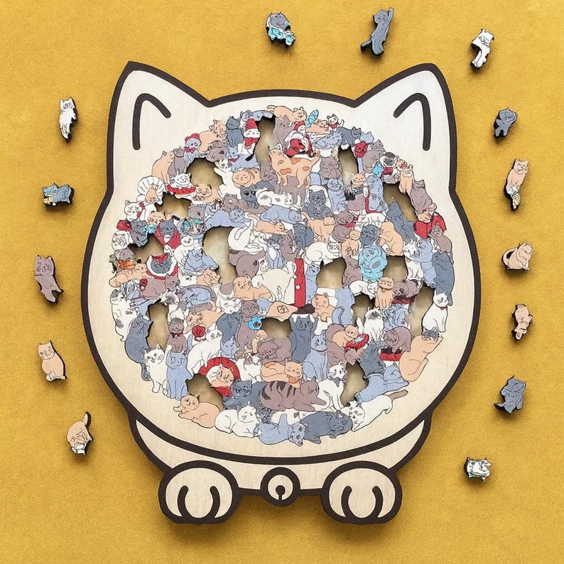 Cat shaped wooden jigsaw puzzle in Morandi colors with 135 pieces
