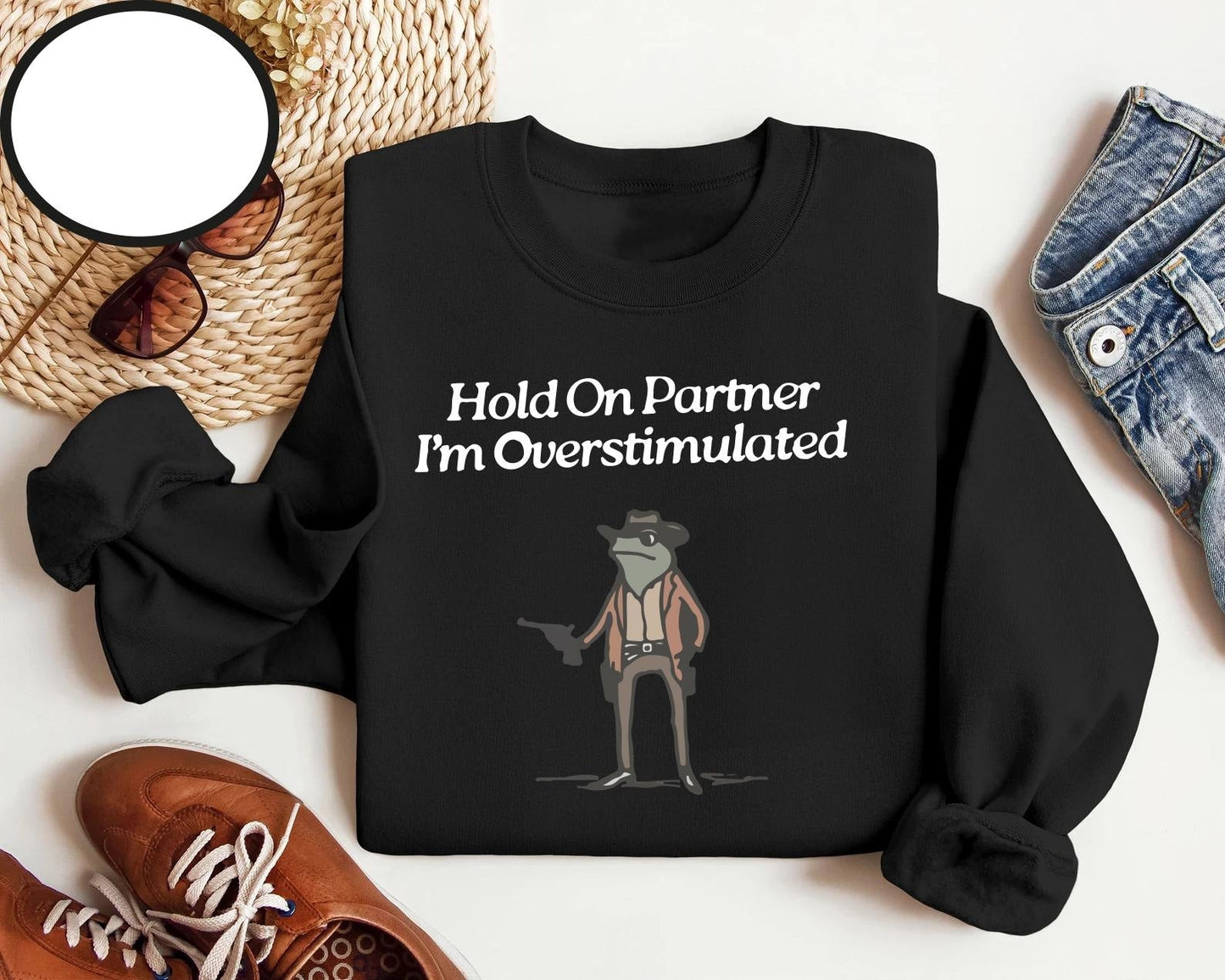funny cowboy frog sweatshirt with cute overstimulated design