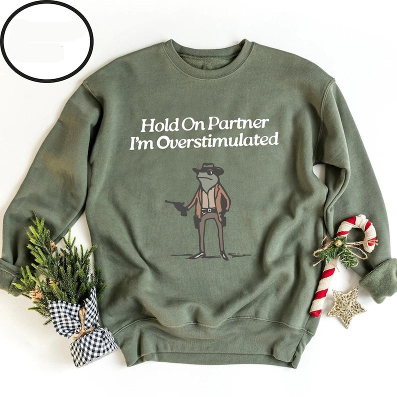 funny cowboy frog sweatshirt with cute overstimulated design