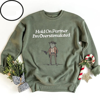 funny cowboy frog sweatshirt with cute overstimulated design