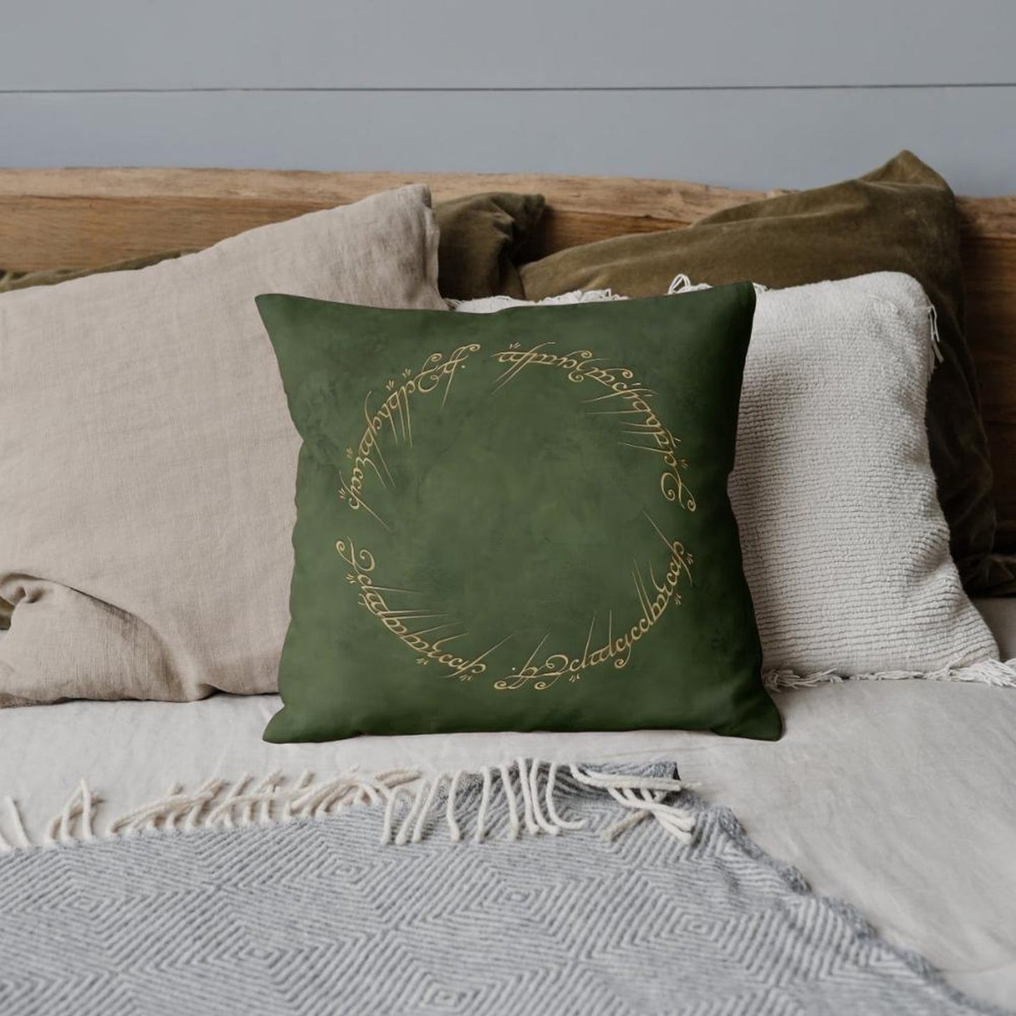 Green LOTR pillow cover with Elvish ring script design