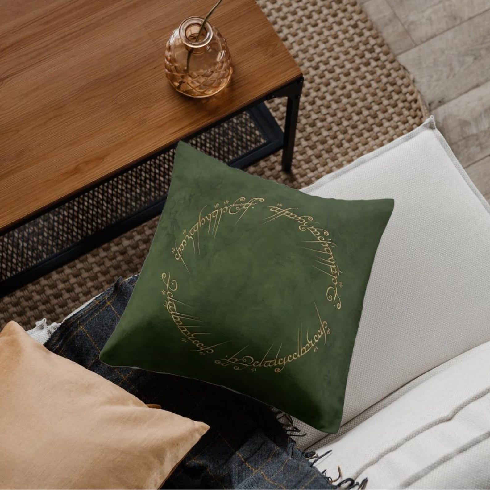 Green LOTR pillow cover with Elvish ring script design