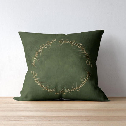 Green LOTR pillow cover with Elvish ring script design
