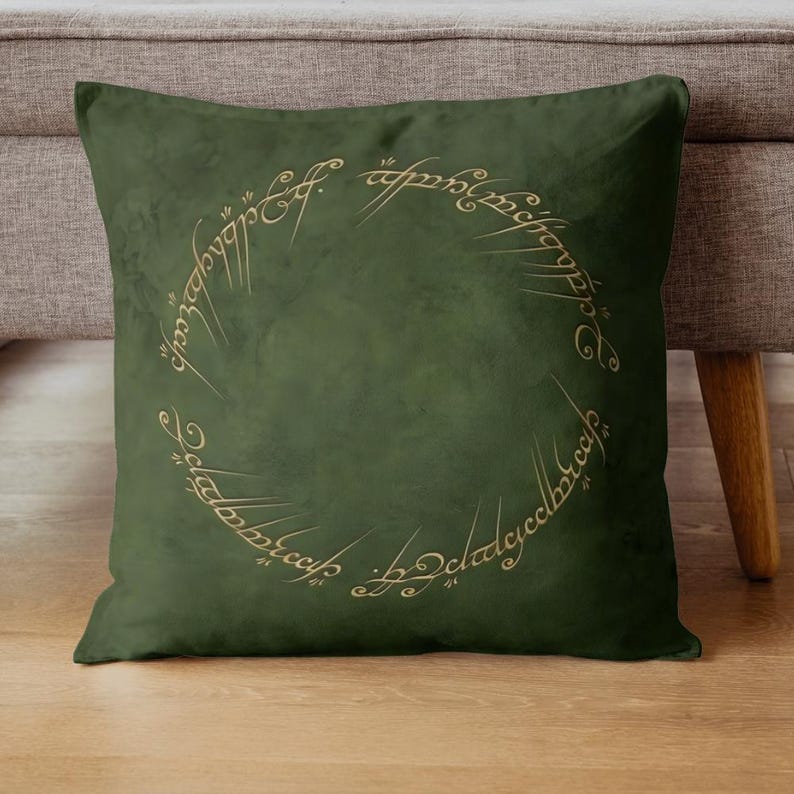 Green LOTR pillow cover with Elvish ring script design