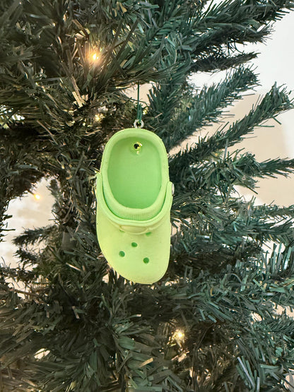 Mini colorful Croc Christmas ornament hanging on tree