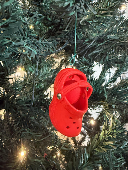 Mini colorful Croc Christmas ornament hanging on tree