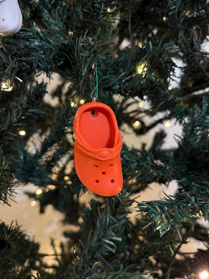 Mini colorful Croc Christmas ornament hanging on tree