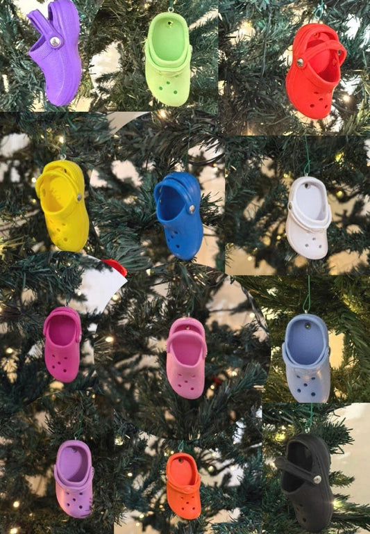 Mini colorful Croc Christmas ornament hanging on tree