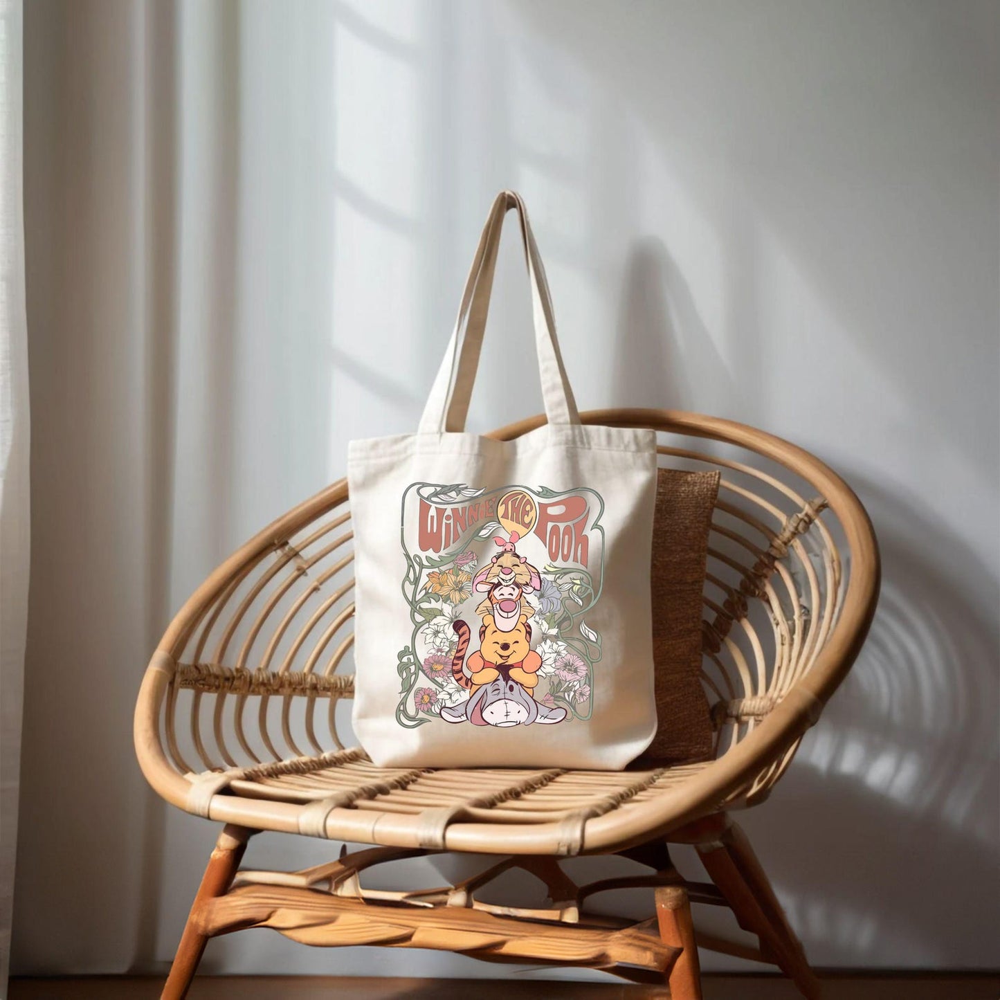 Retro Winnie the Pooh tote bag featuring Pooh and friends design