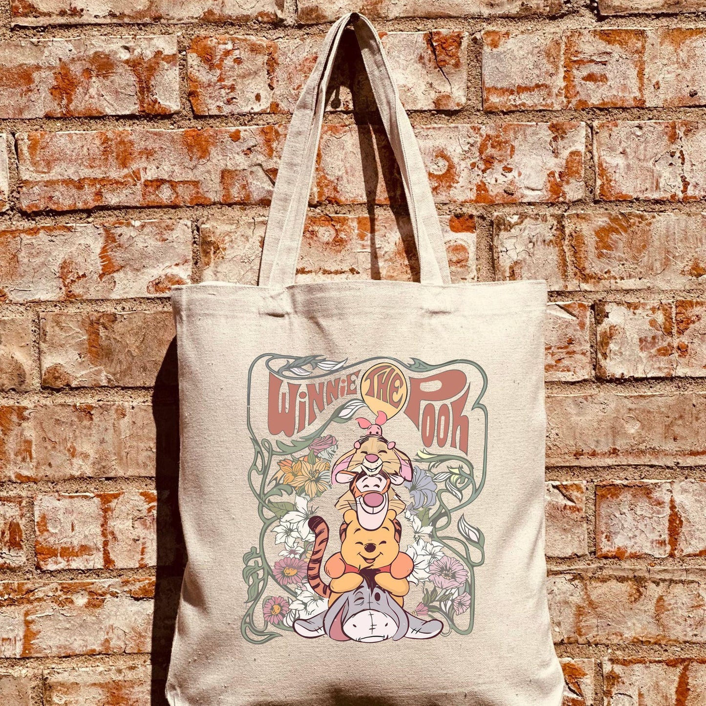 Retro Winnie the Pooh tote bag featuring Pooh and friends design