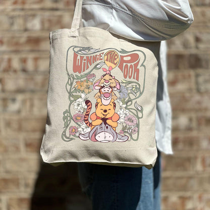Retro Winnie the Pooh tote bag featuring Pooh and friends design