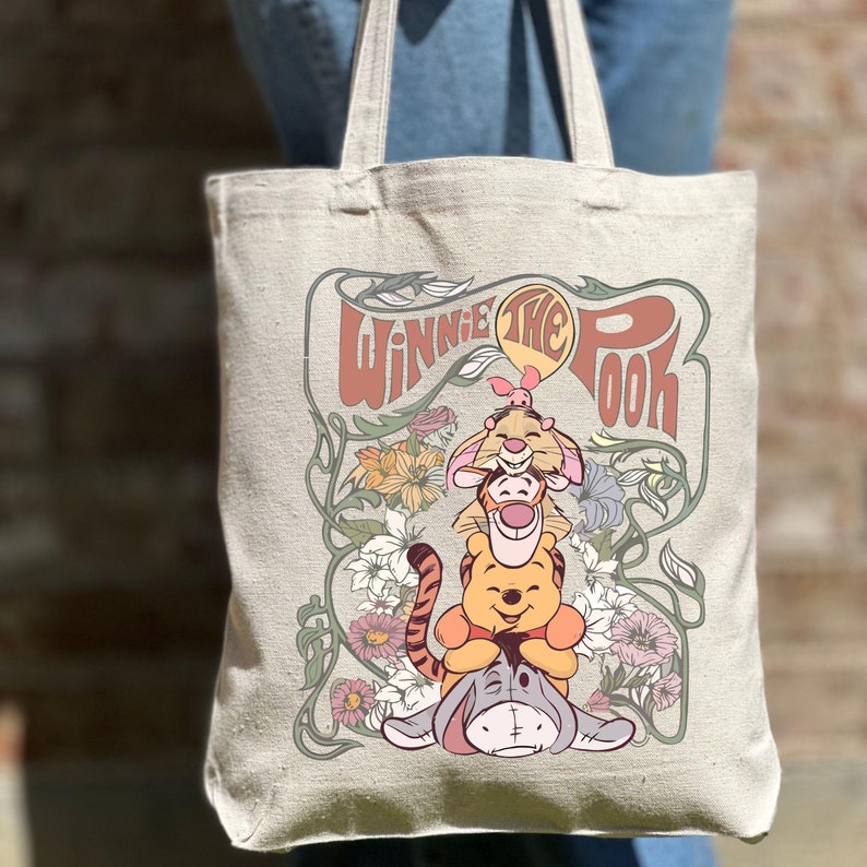 Retro Winnie the Pooh tote bag featuring Pooh and friends design