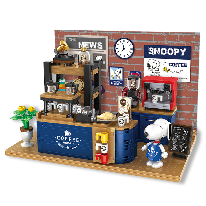 Snoopy coffee shop building blocks toy set with cartoon dog figures