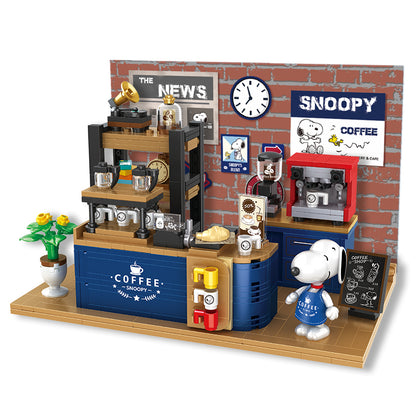 Snoopy coffee shop building blocks toy set with cartoon dog figures