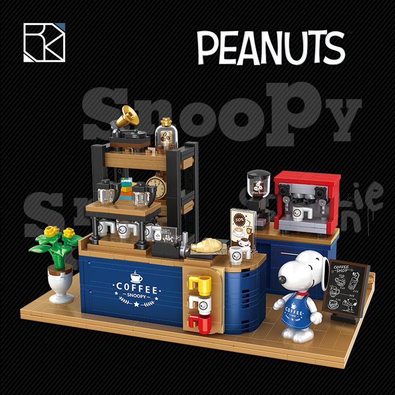 Snoopy coffee shop building blocks toy set with cartoon dog figures