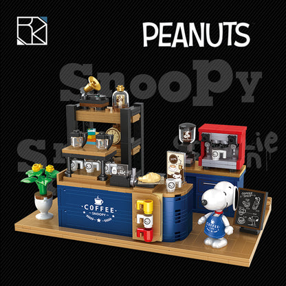 Snoopy coffee shop building blocks toy set with cartoon dog figures