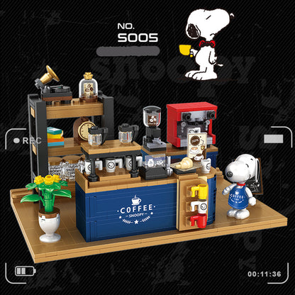 Snoopy coffee shop building blocks toy set with cartoon dog figures