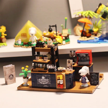 Snoopy coffee shop building blocks toy set with cartoon dog figures