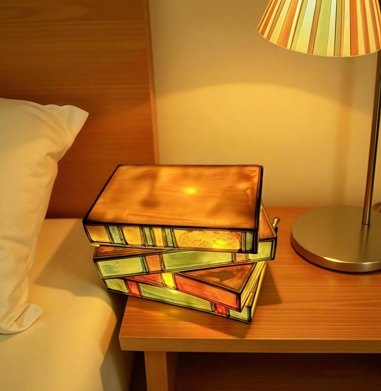 stained glass book lamp set glowing on nightstand for book lovers