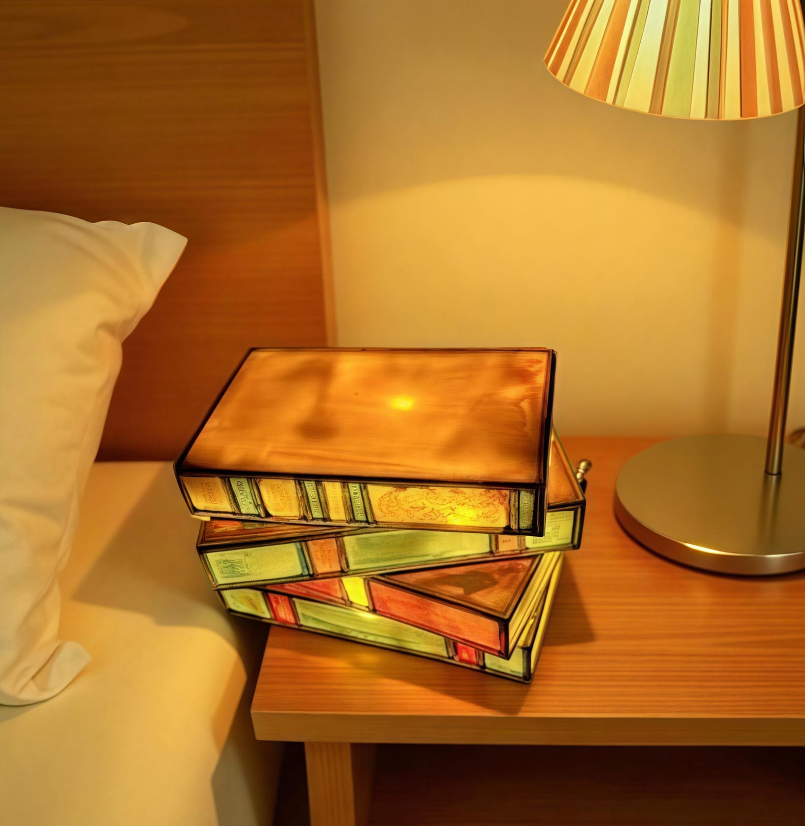 stained glass book lamp set glowing on nightstand for book lovers