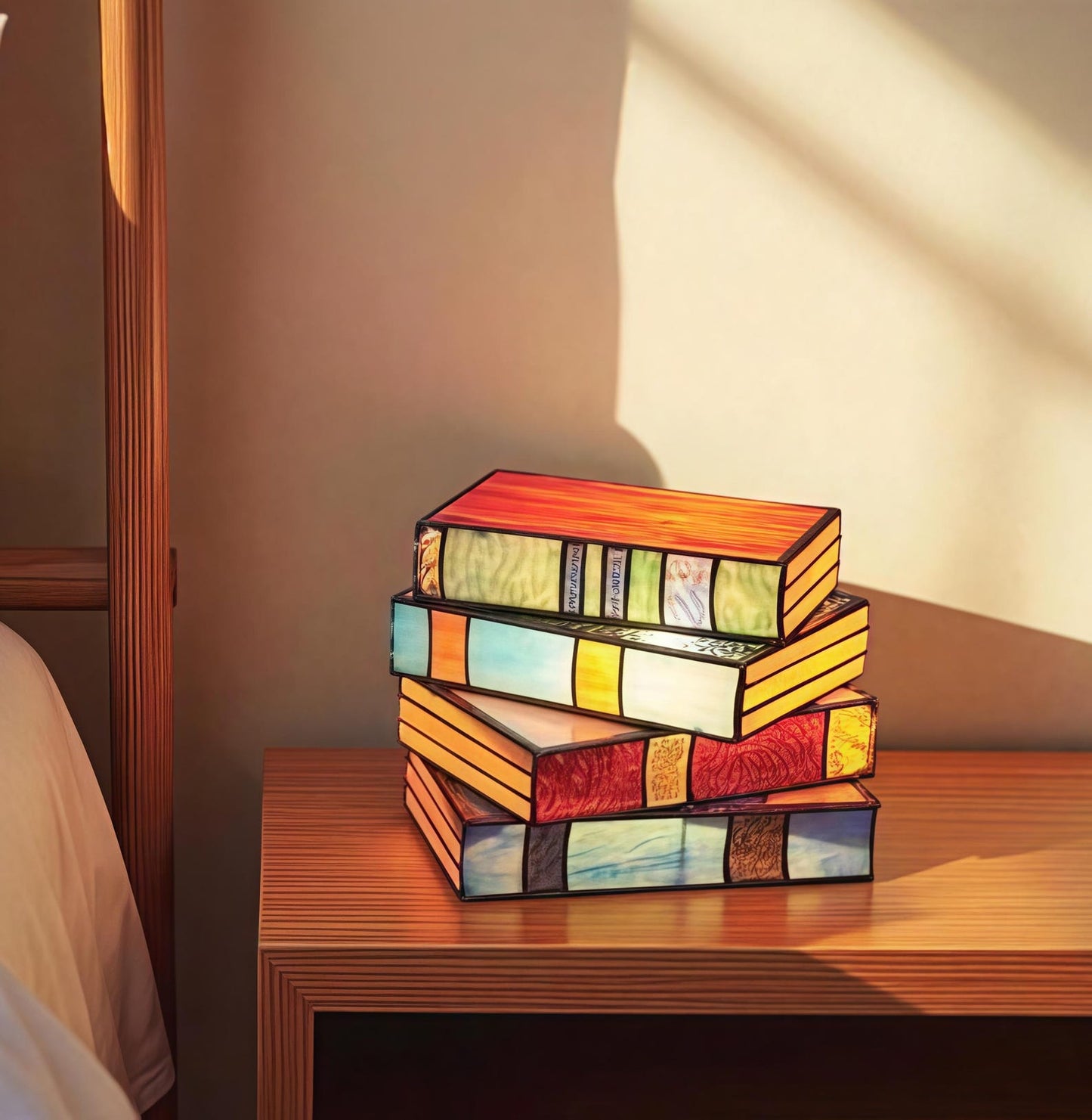 stained glass book lamp set glowing on nightstand for book lovers