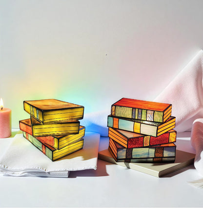 stained glass book lamp set glowing on nightstand for book lovers