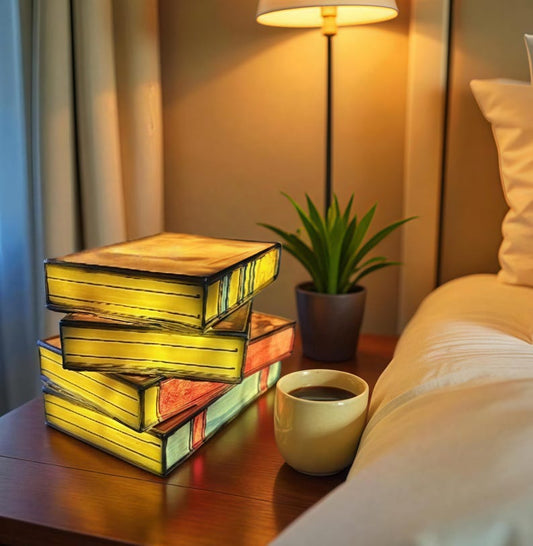 stained glass book lamp set glowing on nightstand for book lovers