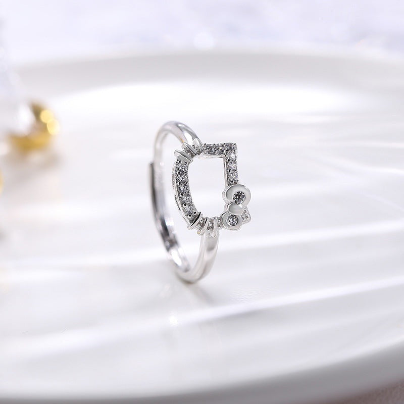 Y2K anime kitty adjustable white zircon cat ring for women