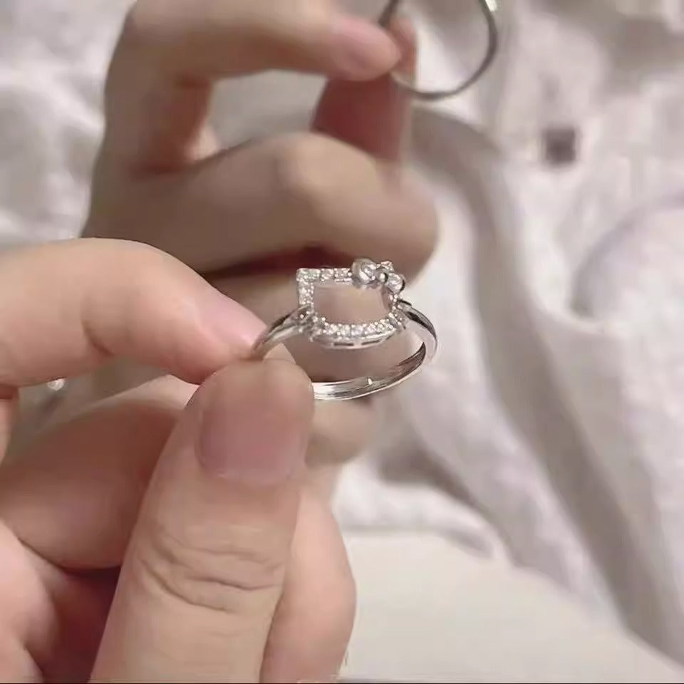 Y2K anime kitty adjustable white zircon cat ring for women