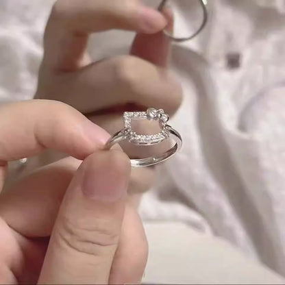 Y2K anime kitty adjustable white zircon cat ring for women