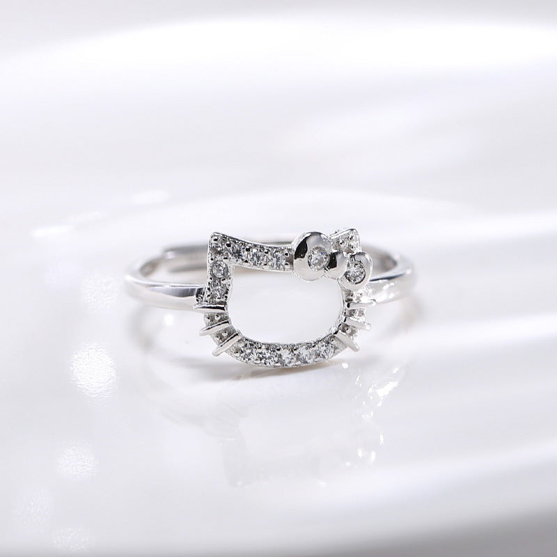 Y2K anime kitty adjustable white zircon cat ring for women
