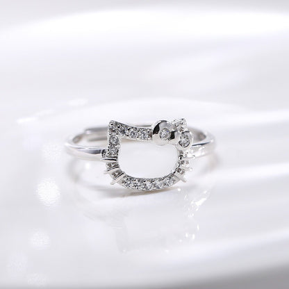 Y2K anime kitty adjustable white zircon cat ring for women